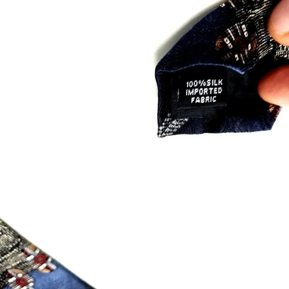 Chez Roffe Silk Tie Print Gray Blue Wide‎